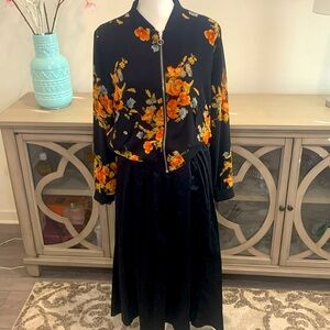 Forever 21 bomber jacket with pockets floral print on black background NWT